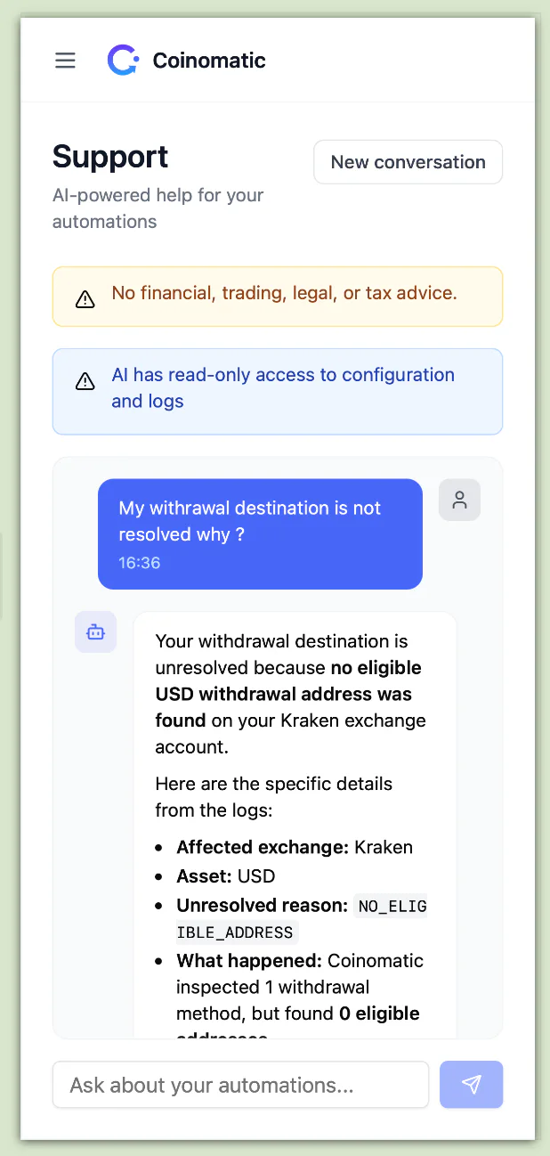 Coinomatic log-aware AI support adapted to a mobile viewport.