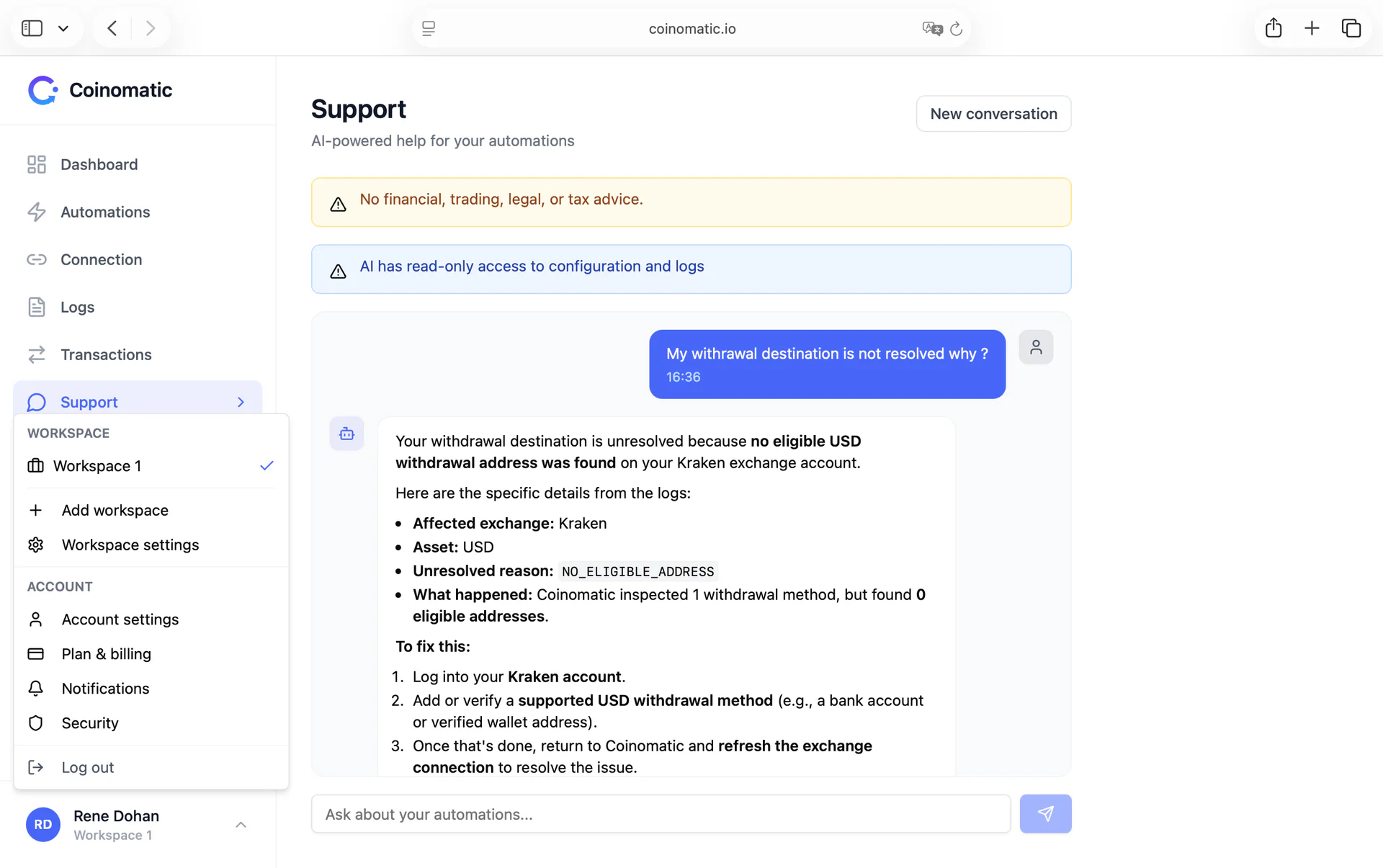 Coinomatic AI support explaining a Kraken configuration problem from read-only logs.