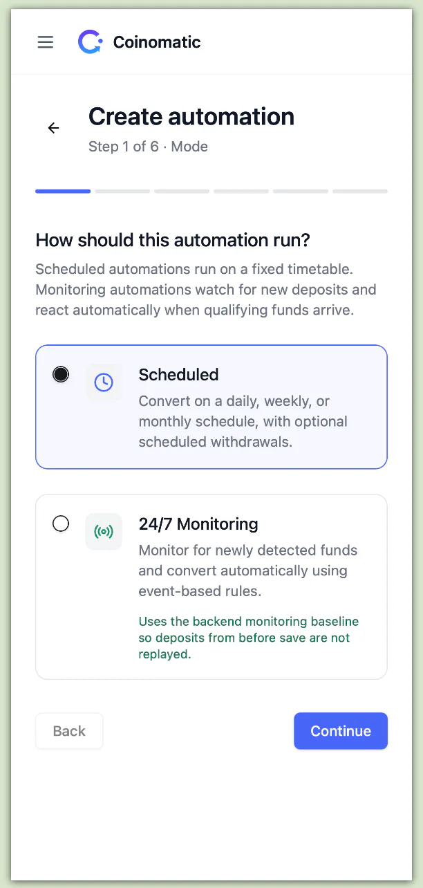 Coinomatic automation builder adapted to a mobile viewport.