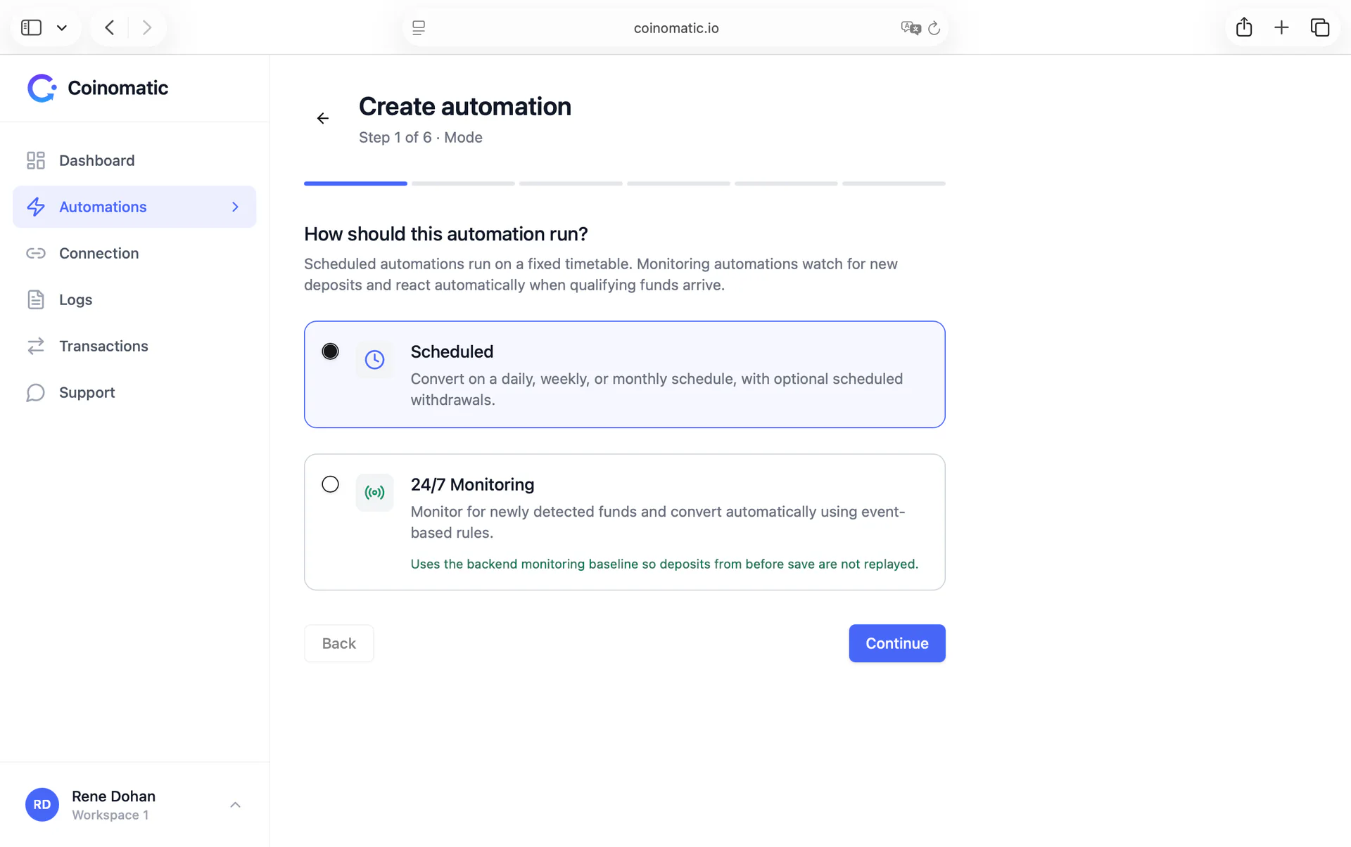 Coinomatic six-step automation builder with scheduled and 24/7 monitoring modes.