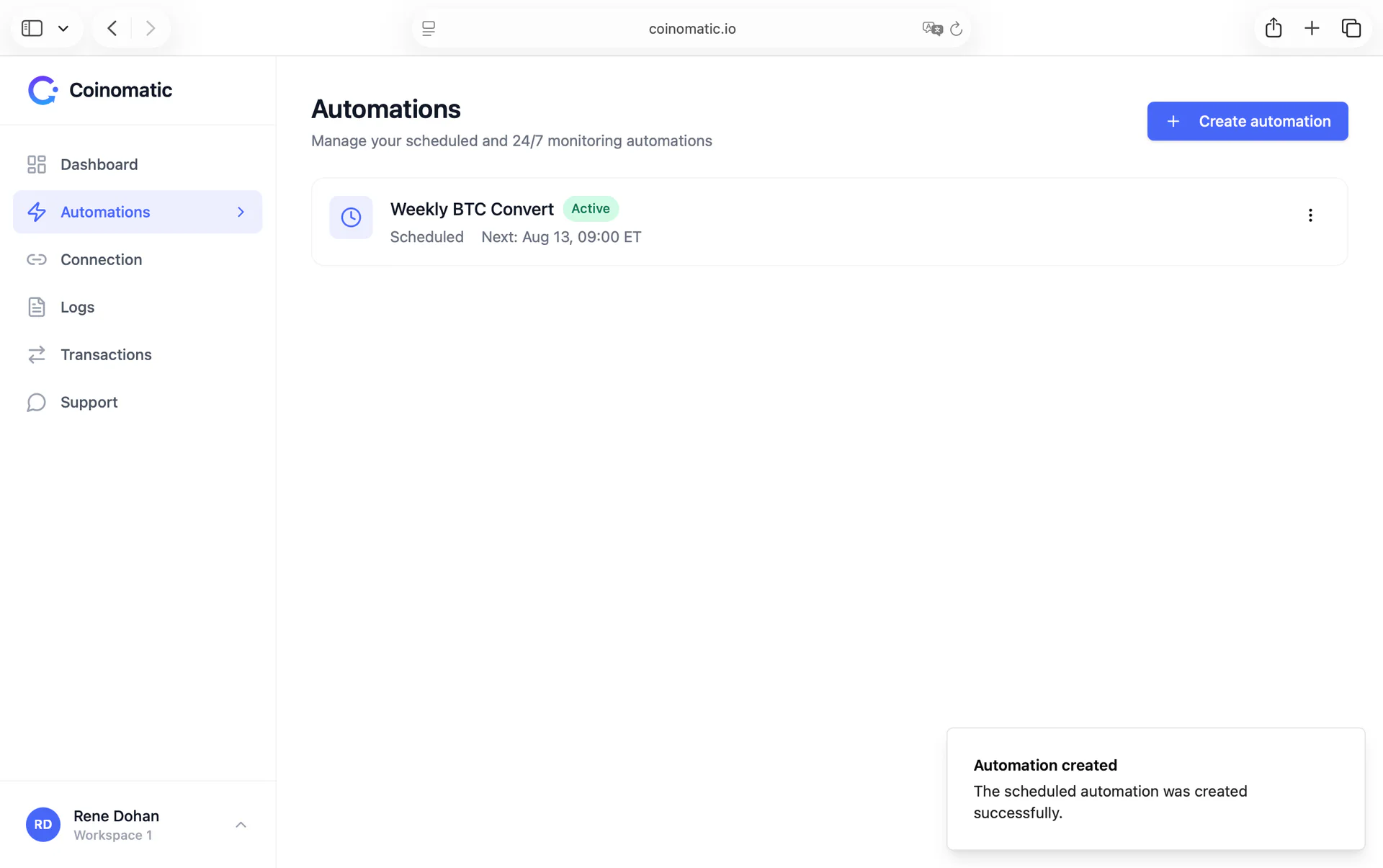 Coinomatic automations list showing an active weekly Bitcoin conversion.