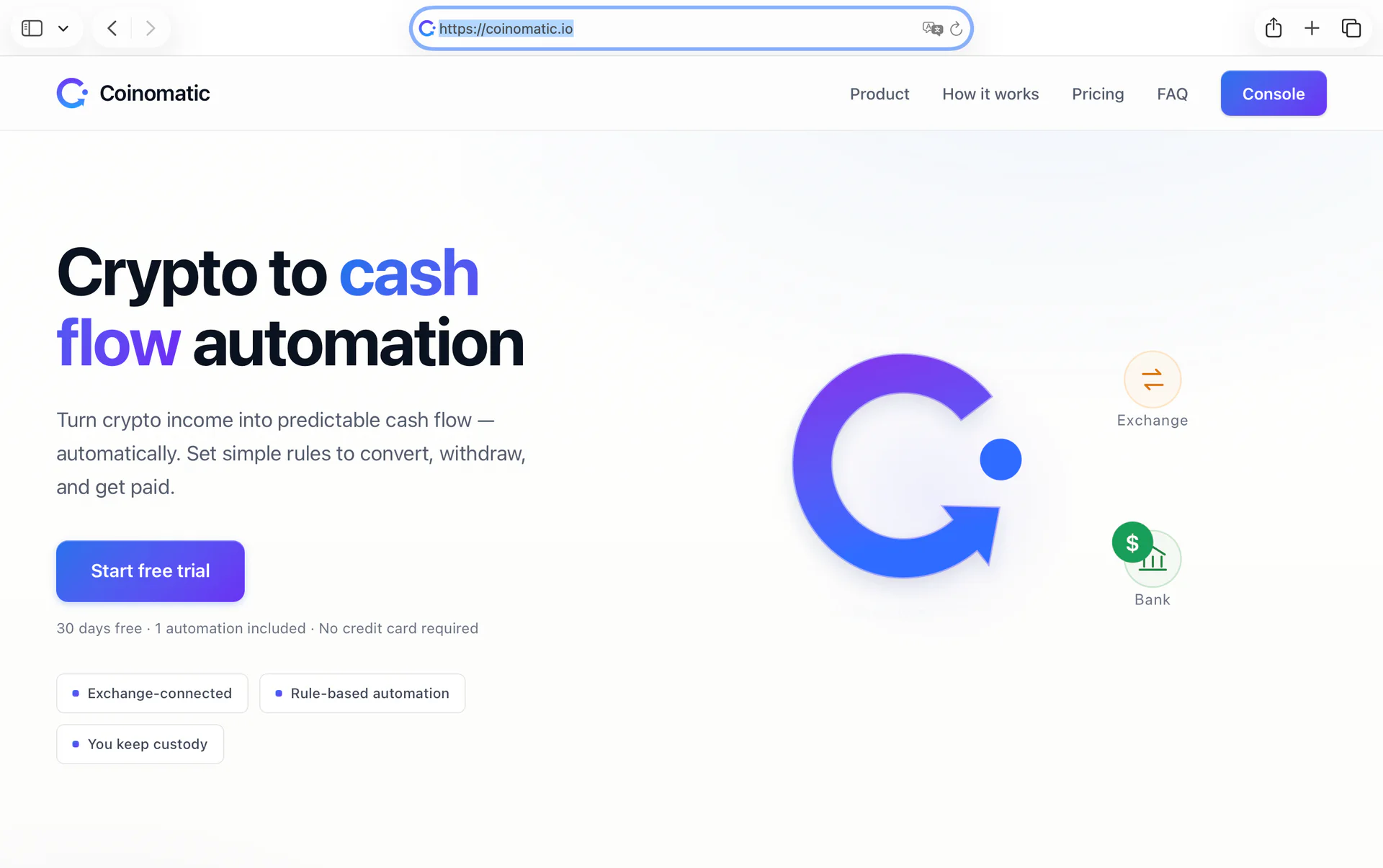 Coinomatic public website introducing automated crypto-to-cash workflows.