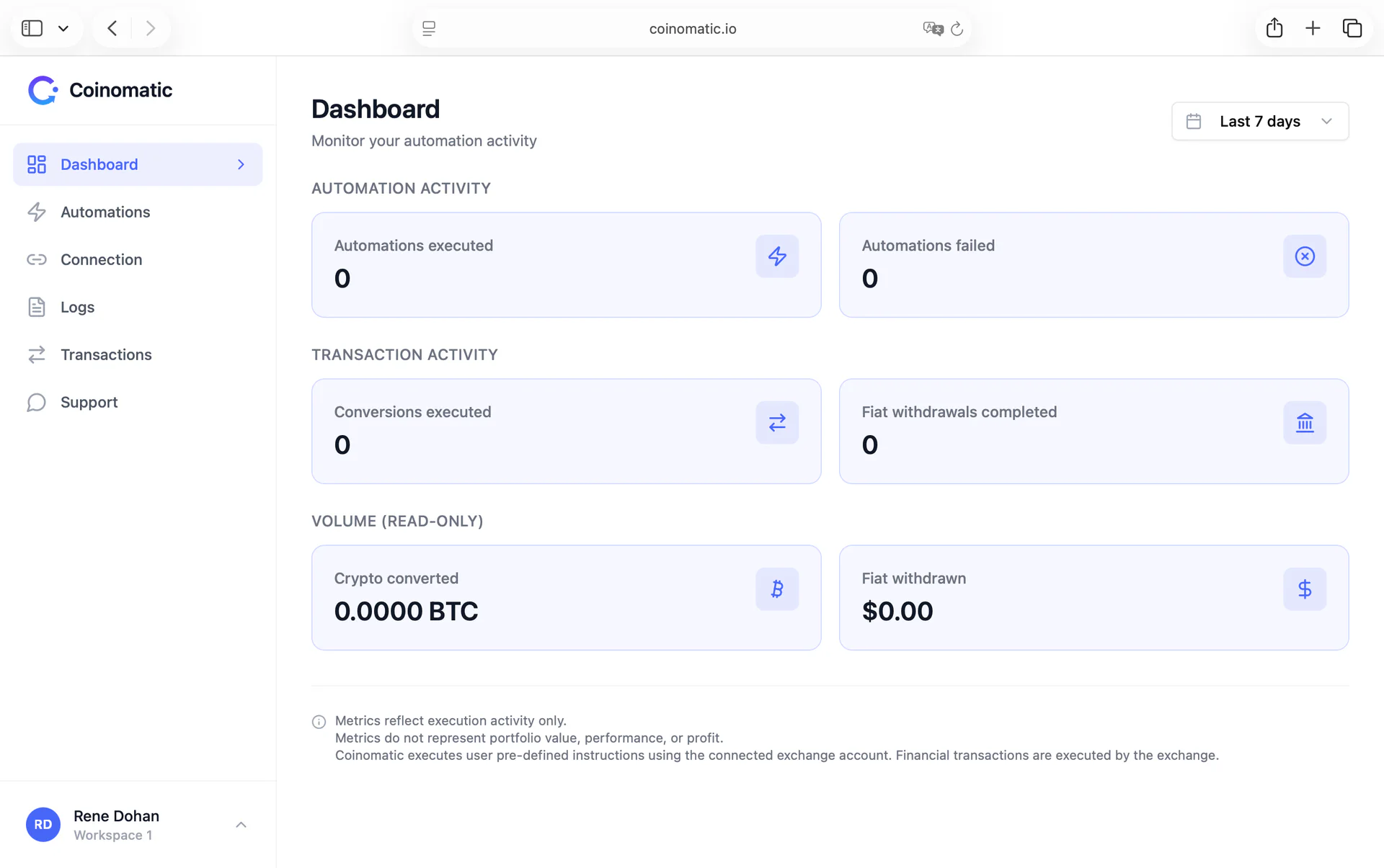 Coinomatic dashboard showing automation and transaction activity.