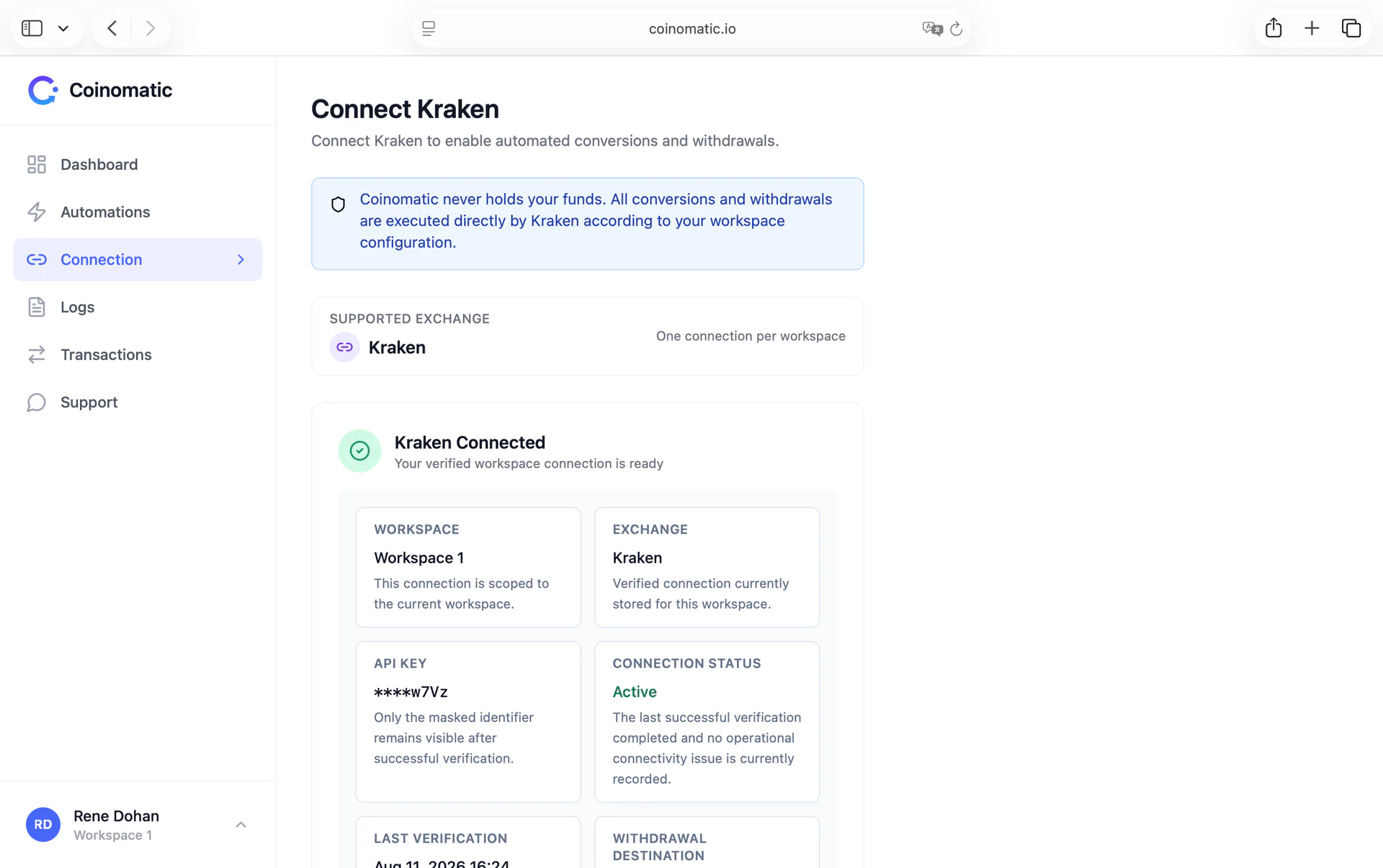 Coinomatic verified Kraken connection with workspace-scoped status and masked credentials.