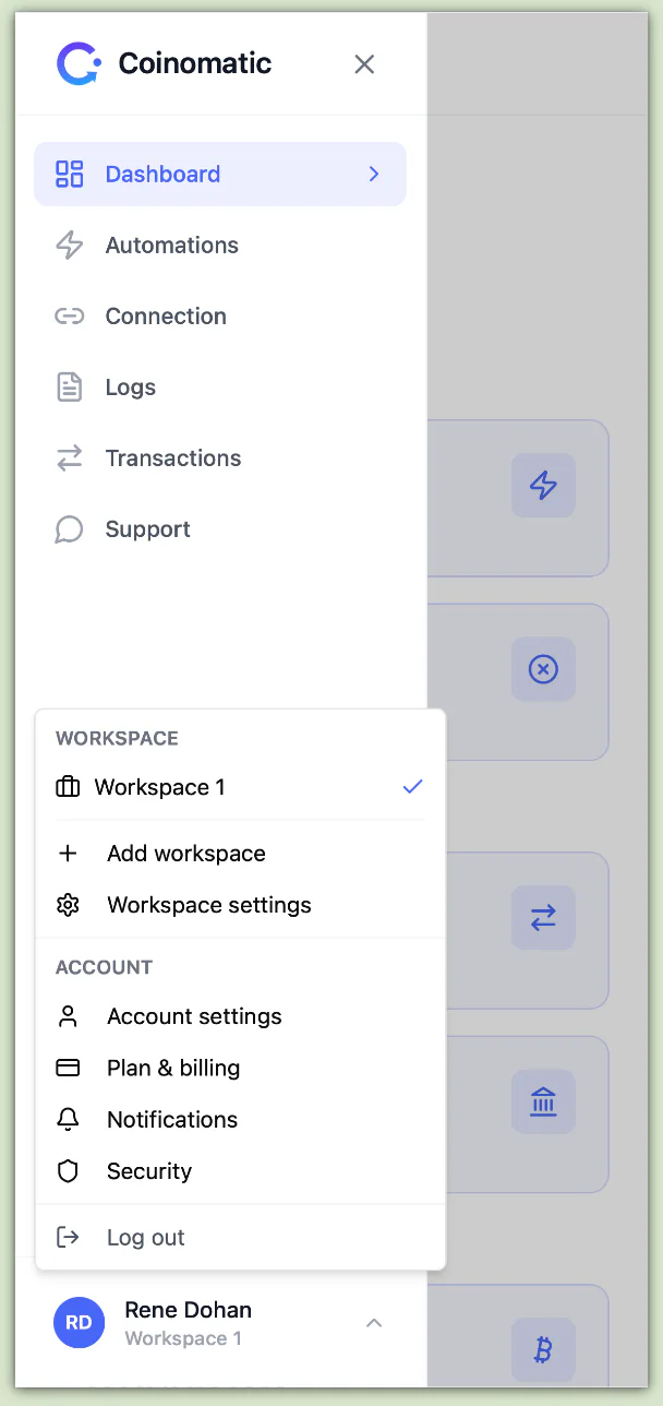 Coinomatic mobile navigation with workspace, account, billing, notification, and security controls.