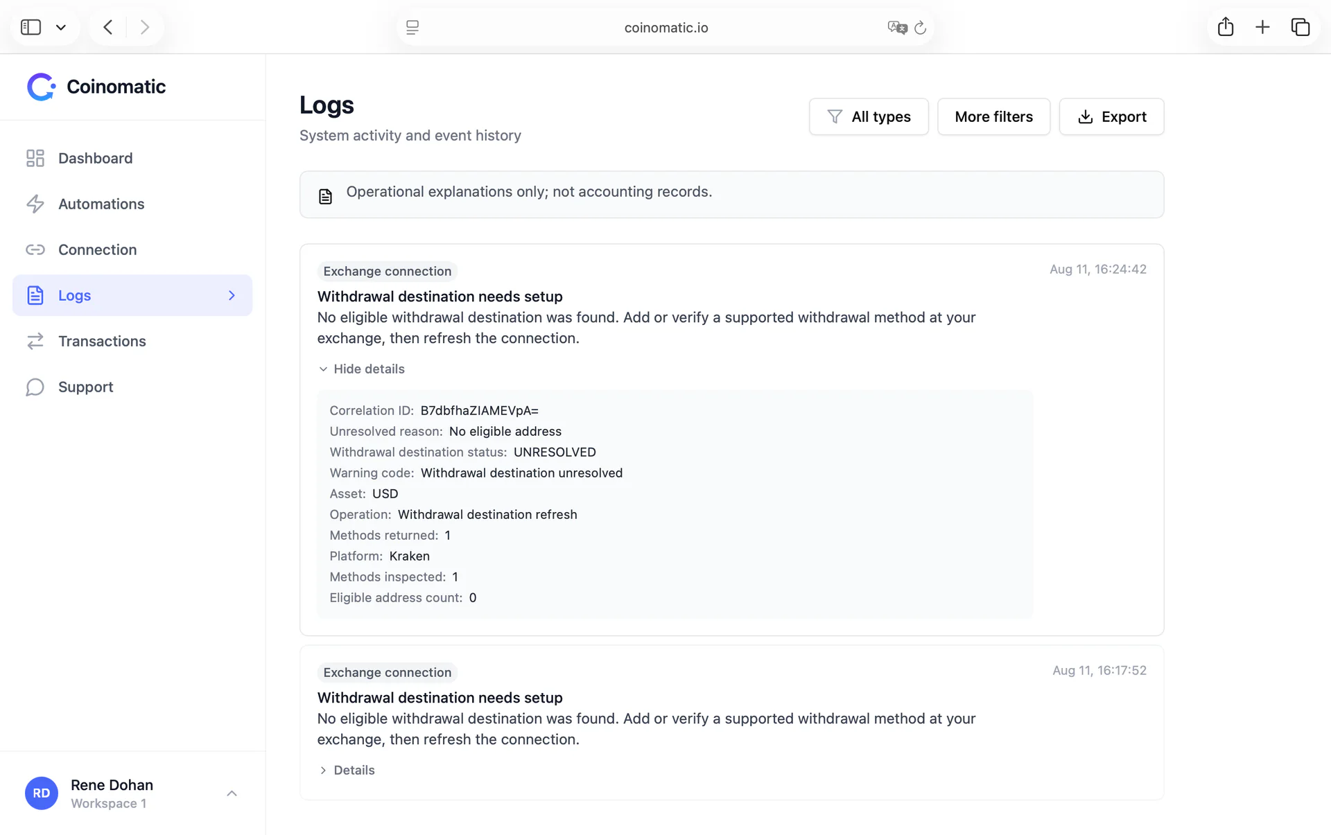 Coinomatic operational logs showing a detailed, correlated withdrawal-destination diagnostic.