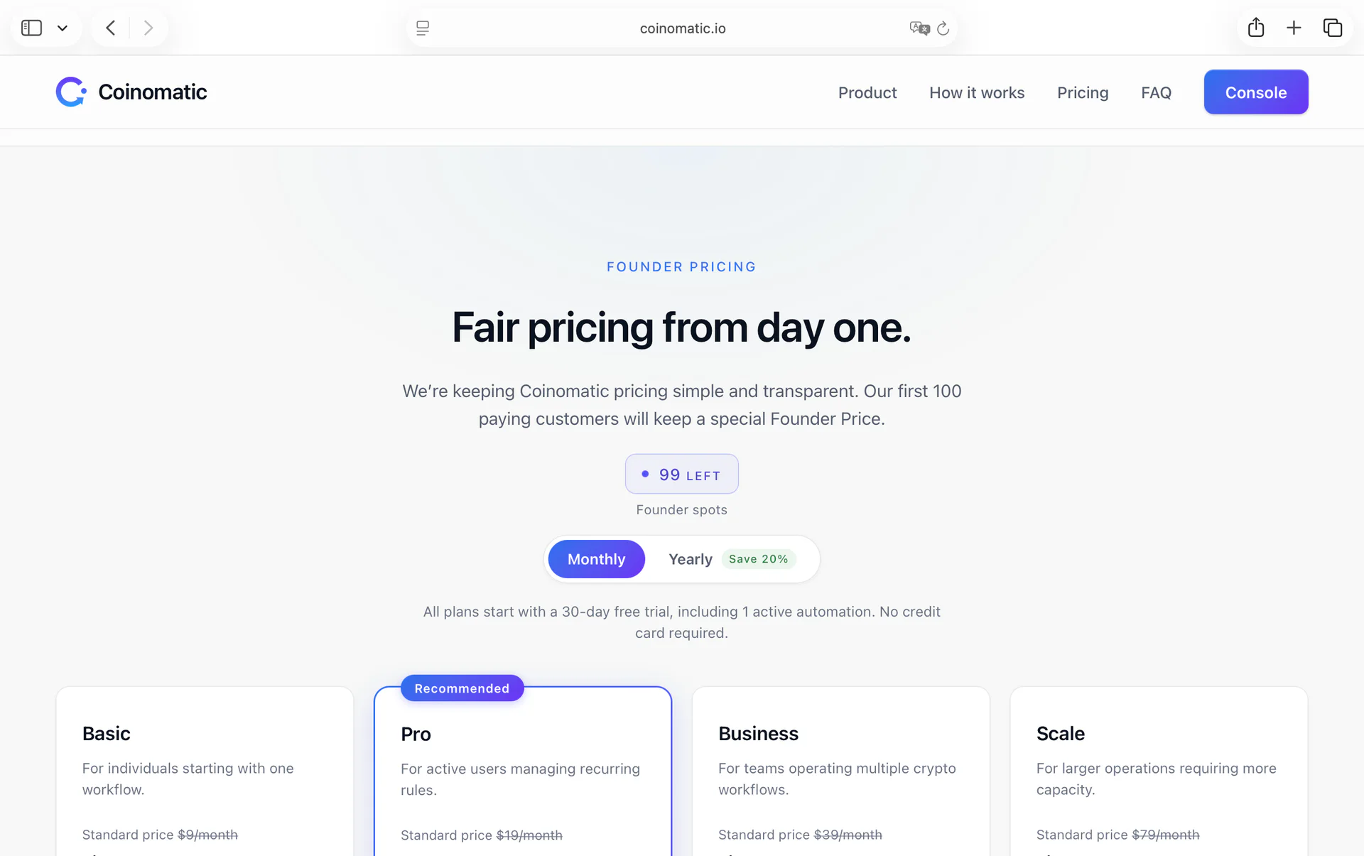 Coinomatic public pricing with monthly and yearly tiers and founder availability.