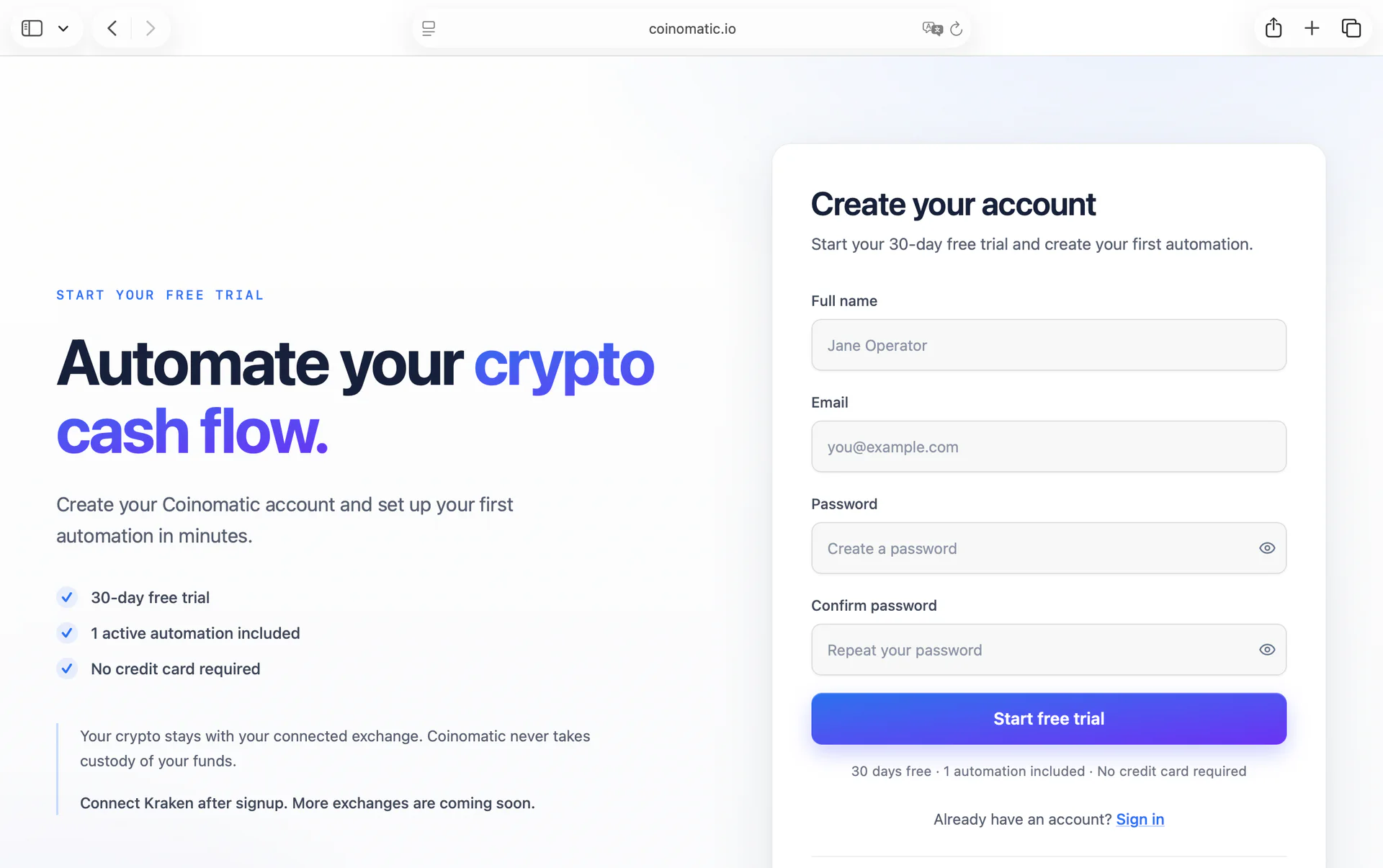 Coinomatic account creation and free-trial onboarding.