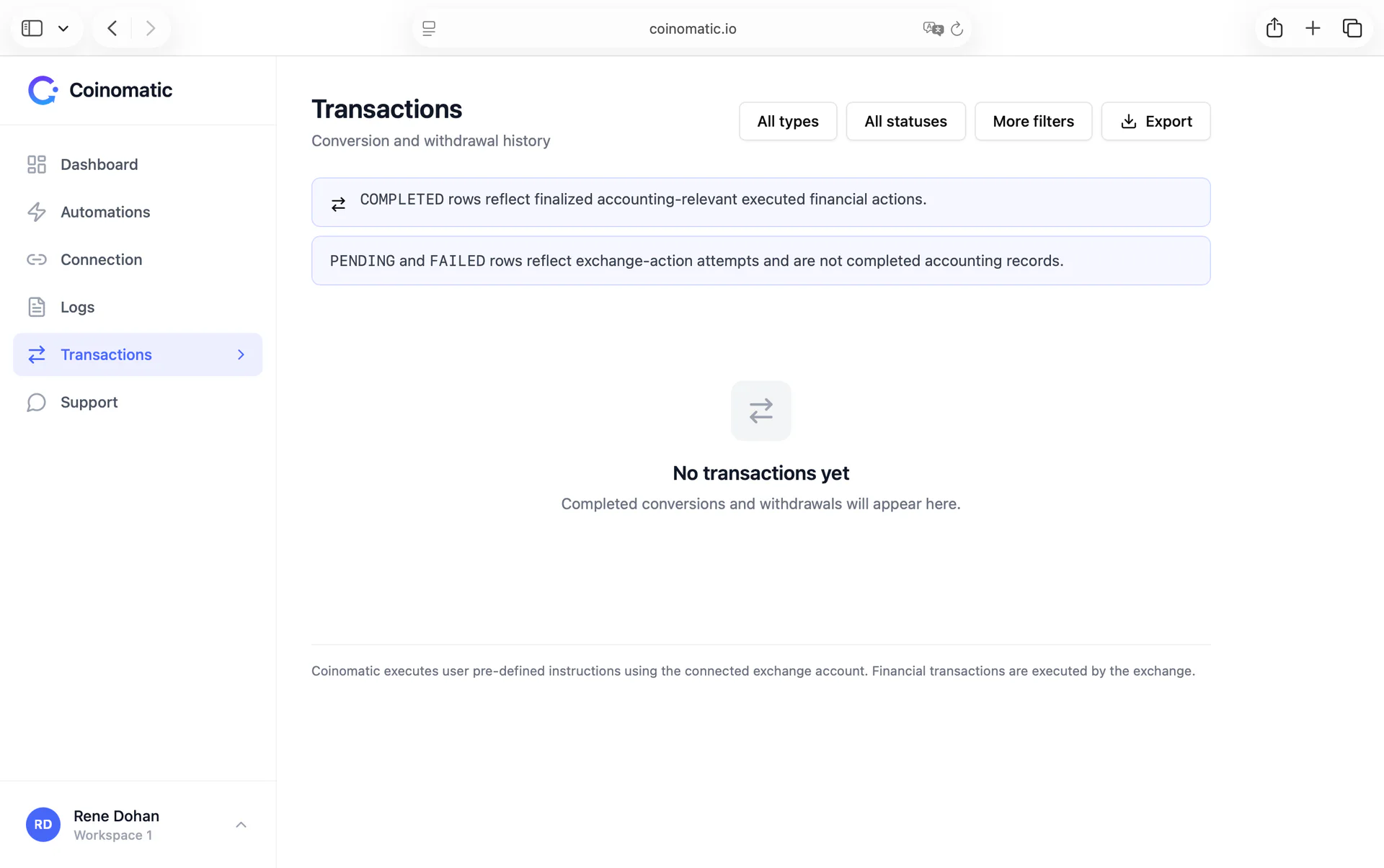 Coinomatic transaction empty state with accounting-status guidance, filters, and export controls.