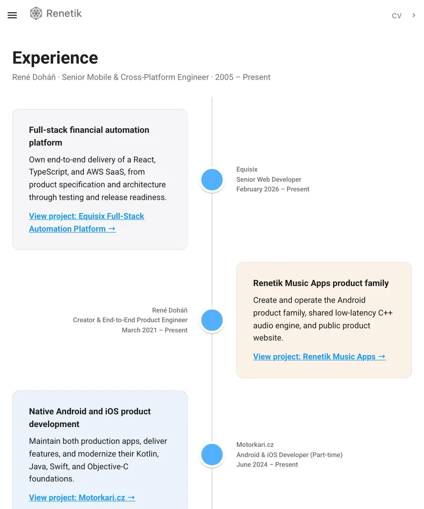 Experience timeline on a tablet viewport.