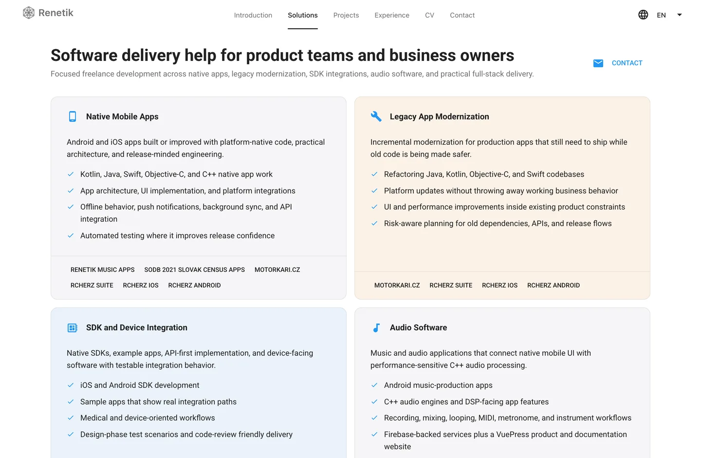 Solutions page presenting delivery focus areas on a desktop viewport.