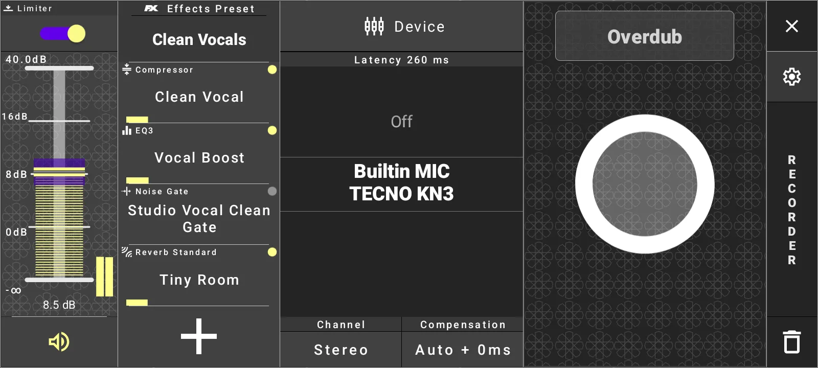 Audio Recorder input recorder and monitoring controls.