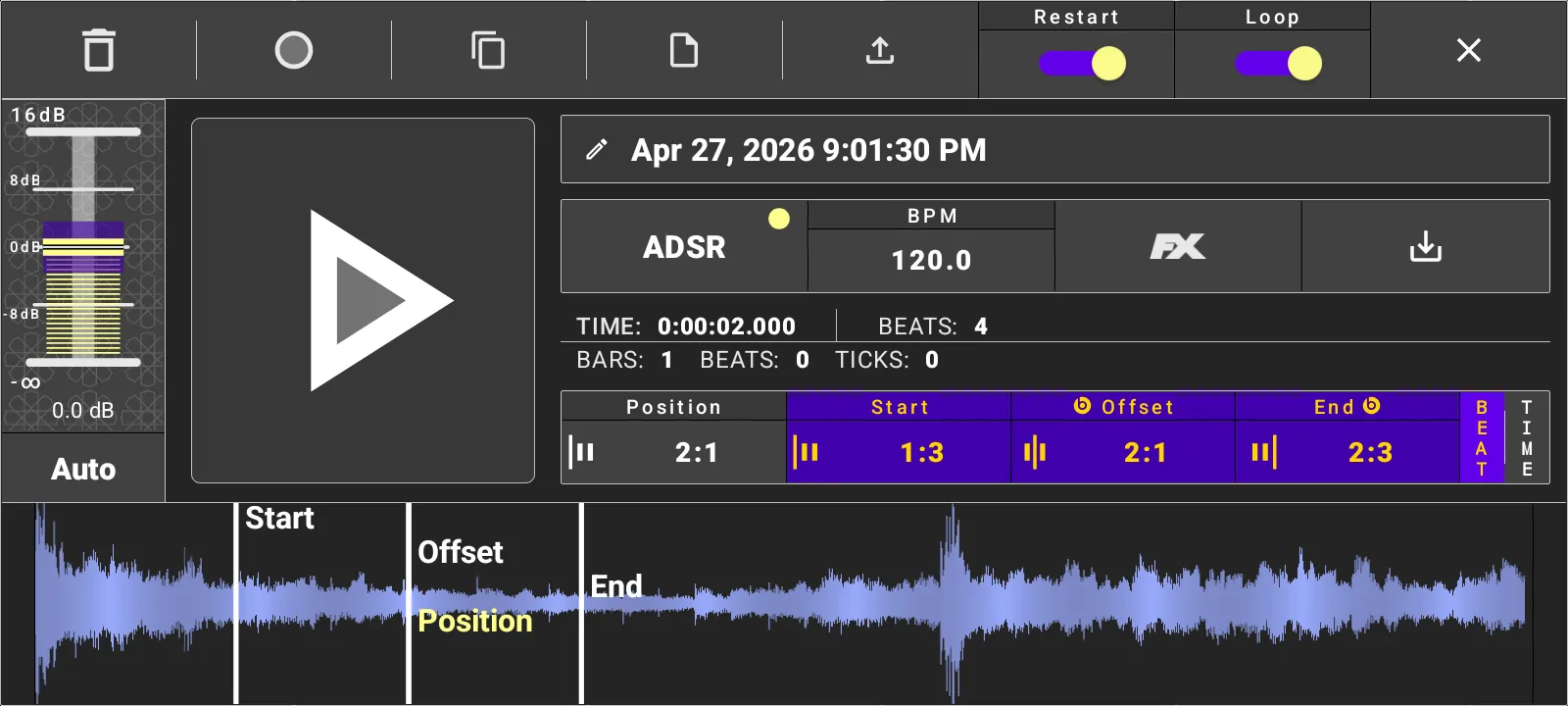 Audio Recorder full-screen sample editor.
