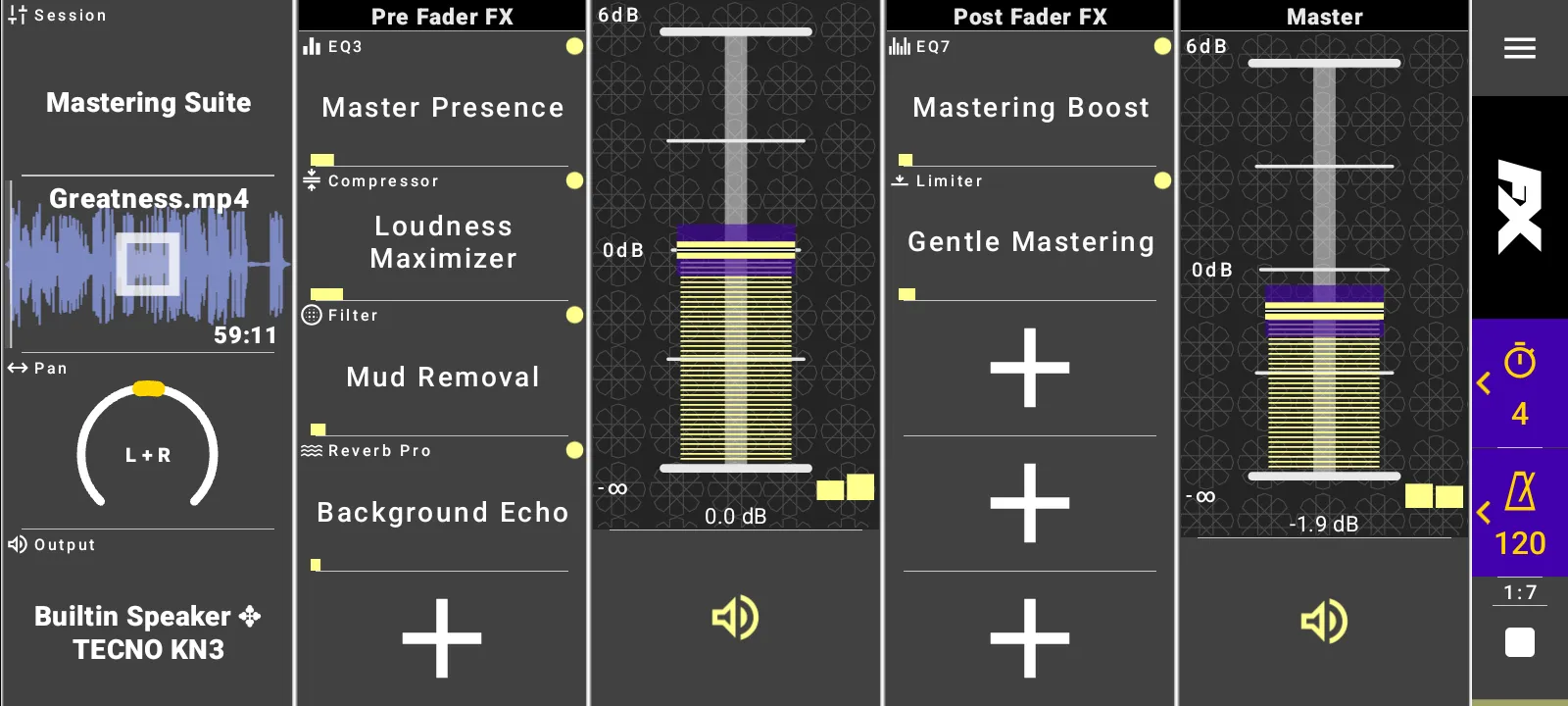 Audio Recorder pan and output routing controls.