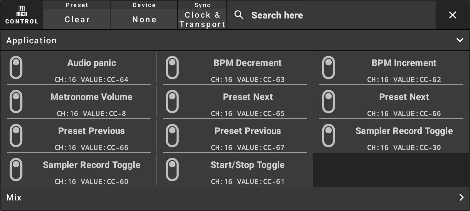 Audio Recorder MIDI control mappings.