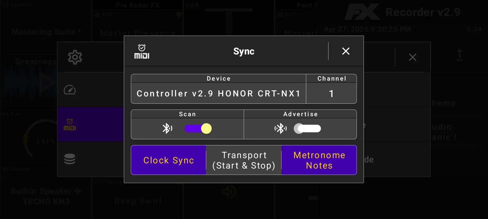 Audio Recorder MIDI synchronization settings.