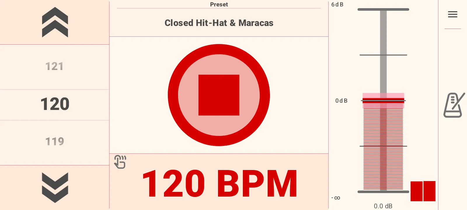 Metronome main playback and tempo controls.