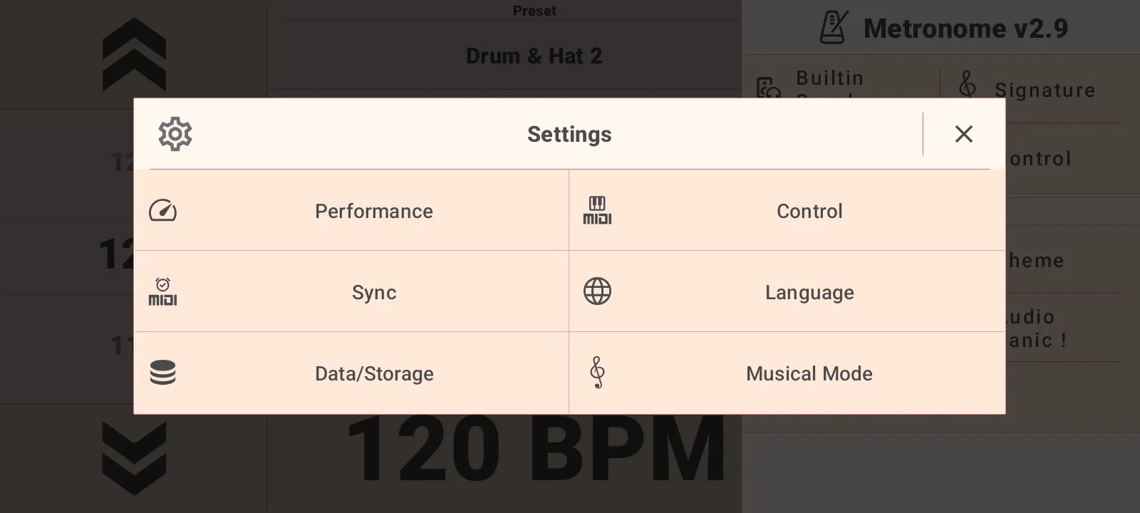 Metronome application and audio settings.