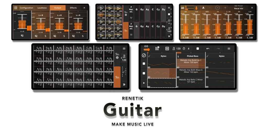 Ilustración de las características de Guitar que muestra su interfaz para Android.