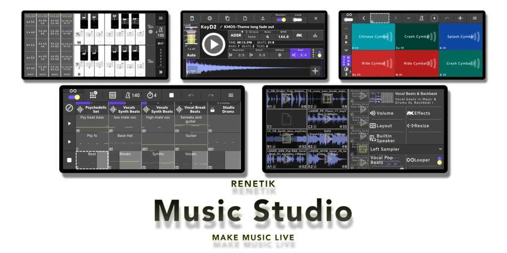 Music Studio feature artwork presenting its Android interface.