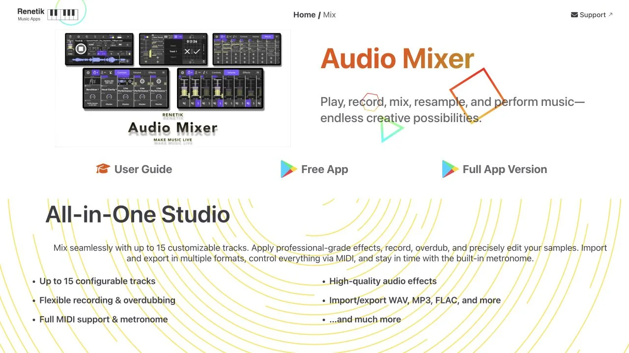 Renetik Audio Mixer product page within the Music Apps website.