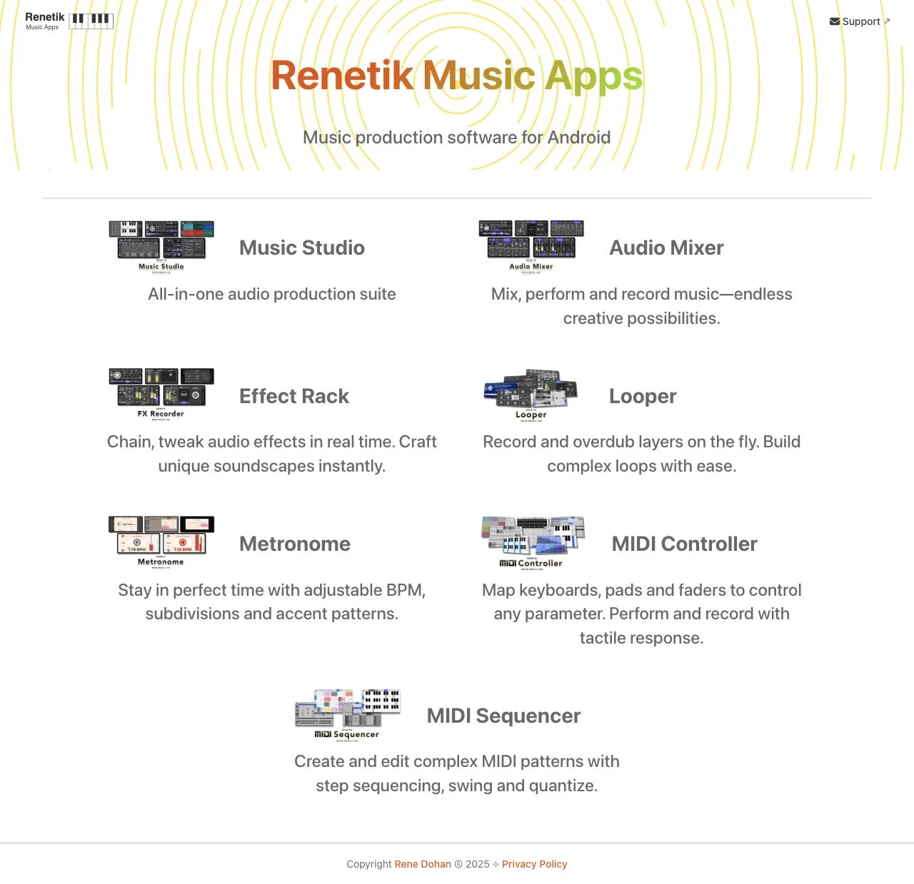 Renetik Music Apps website homepage presenting the current Android product family.